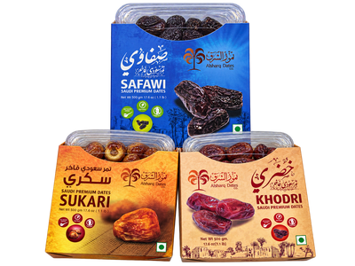 Pachet curmale Alsharq Dates Sukari, Safawi și Khodri (3 × 500 g)