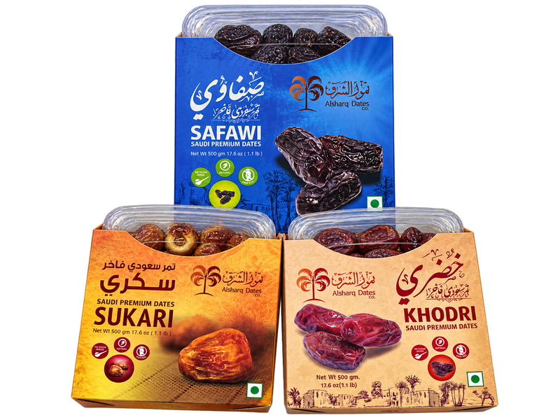 Pachet curmale Alsharq Dates Sukari, Safawi și Khodri (3 × 500 g)