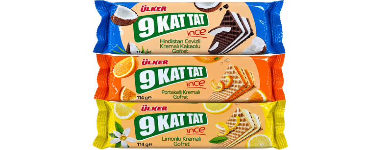 Pachet napolitane Ülker 9 Kat Tat İnce – Cocos, portocale și lămâie (3 × 114 g)
