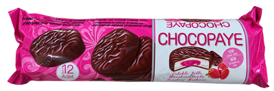 Chocopaye – Biscuiți sandwich cu marshmallow și jeleu de căpșuni (216 g, 12 bucăți)