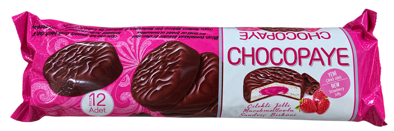 Chocopaye – Biscuiți sandwich cu marshmallow și jeleu de căpșuni (216 g, 12 bucăți)